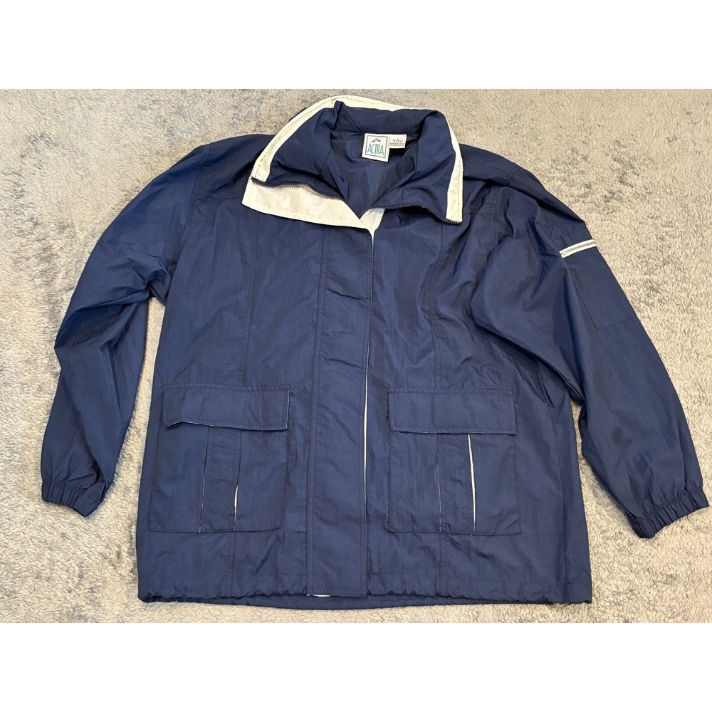Vintage Actra Jacket Windbreaker Mens Large Blue Full Zip Packable Hood Nylon